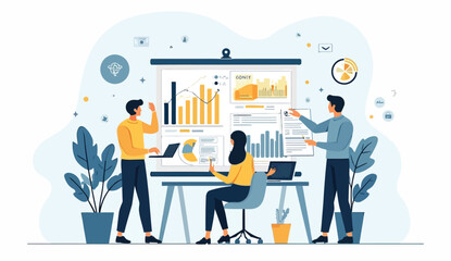 Team Analyzing Data and Charts on Presentation Board in Modern Office Setting