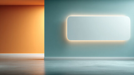 Futuristic billboard with glowing frame edges, floating blank display without any text, minimal style, placed on white studio background