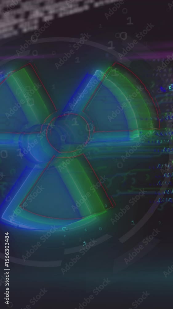 Poster animation of nuclear symbol over data processing