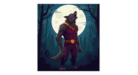 Werewolf Howling at Moon in Dark Forest Illustration.