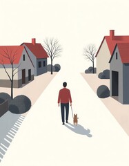 Man walking a dog through a quiet residential neighborhood, flat minimalist illustration with clean background
