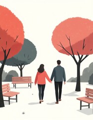 Couple walking in the park during autumn, flat minimalist illustration with pastel tones
