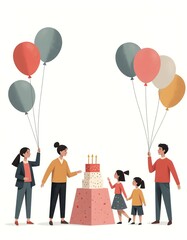 Family celebrating a child's birthday with balloons and cake, flat minimal illustration
