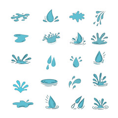 Water Drop and Splash Vector Set. Hand drawn waterdrop illustration. Set of versatile water splash vector illustrations. Flat vector set of clean blue water drops and splash illustrations..