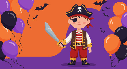 Adorable Pirate Boy with Sword Balloons and Bats Halloween Illustration.