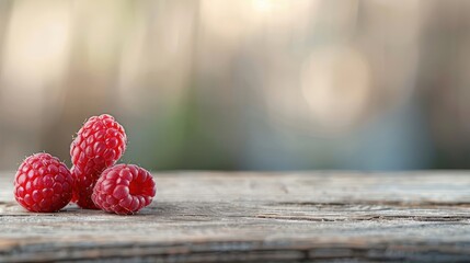 Whole raspberry with vibrant red color and fine details on a rustic wooden table, highlighted by natural light.
