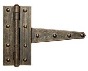Rustic bronze T-strap door hinge with a decorative design on a transparent background