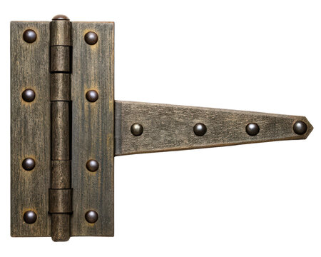 Rustic bronze T-strap door hinge with a decorative design on a transparent background