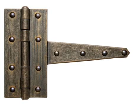 Rustic bronze T-strap door hinge with a decorative design on a transparent background