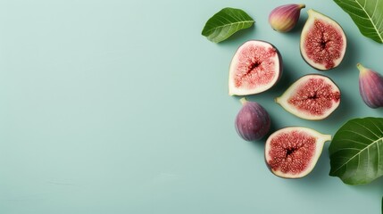 Artistic composition featuring figs arranged in a geometric pattern on a minimalistic background.