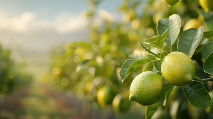 Obraz premium Lime orchard with rows of lime trees bearing ripe fruits, showcasing lush greenery and abundance of limes.