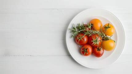 A variety of ripe tomatoes, including cherry, beefsteak, and heirloom types, artistically arranged on a clean white plate.