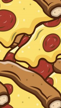 Animation of pizza icons over stripes on yellow background