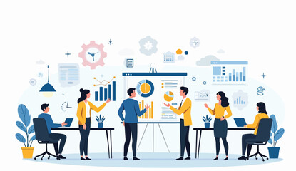 Business Team Meeting Analyzing Data and Charts on a Whiteboard Presentation