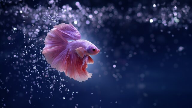Eleganter rosa Kampffisch schwimmt in dunklem Wasser mit Luftblasen