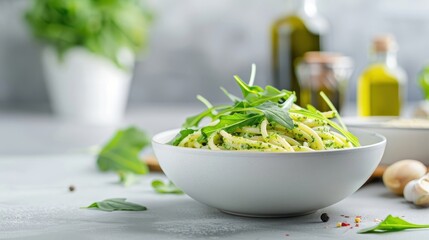 Dish of arugula pesto pasta, set on a clean kitchen counter, with fresh arugula leaves as garnish.