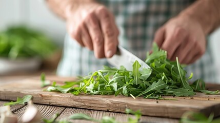 Close-up of arugula being chopped, highlighting the detailed leaf patterns and crisp freshness against a rustic wooden cutting board.