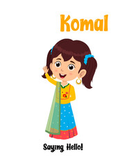 Indian cartoon girl waving hello – friendly vector kid character