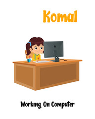 Indian cartoon girl working on computer at desk – vector asset