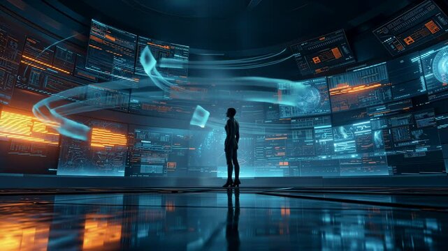 Futuristic Data Command Center with AI Holographic Interface and Analytics Screens