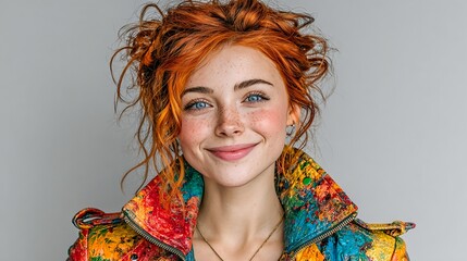 Smiling woman with curly red hair in colorful fashion jacket