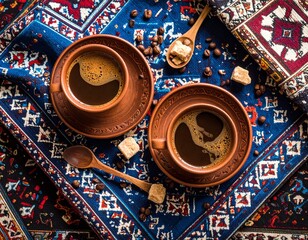 Traditional Indonesian Kopi Tubruk Flat Lay: Clay Cup & Palm Sugar