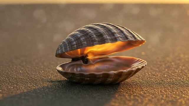 A beautifully illuminated open seashell resting on a sandy beach at sunset, evoking tranquility