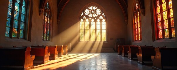 Sunlit Stained Glass Chapel  Peaceful Spiritual Reflection in a Sacred Space
