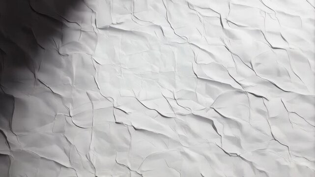 Crumpled white paper background showing abstract creases and folds creating dynamic light and shadow patterns, perfect for textures or backdrops.