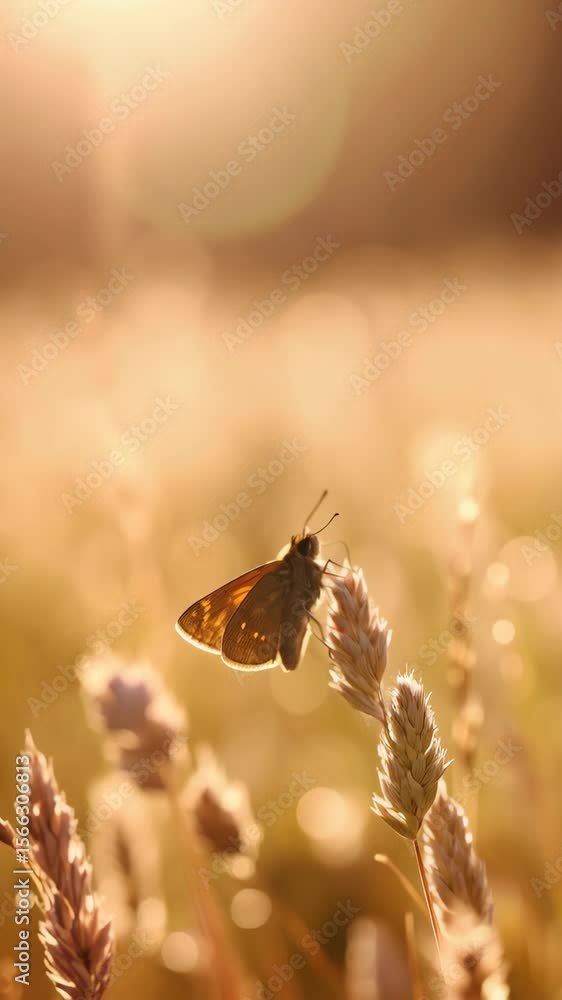 Aufkleber captivating butterfly resting on a wheat stalk in a field bathed in golden sunlight, creating a warm