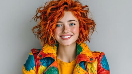 Smiling woman with curly red hair in colorful fashion jacket