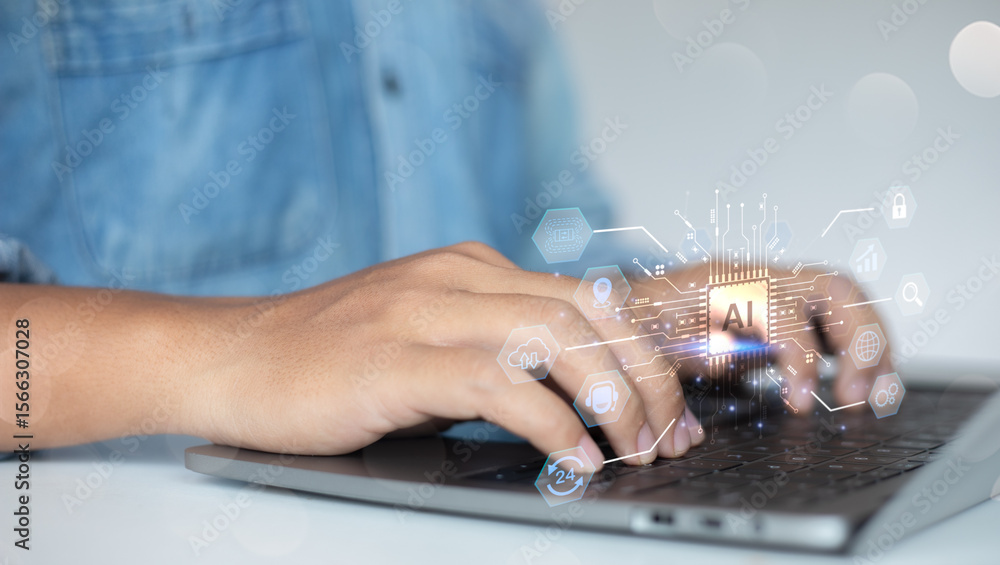 Poster man typing on a laptop with a glowing artificial intelligence (ai) processor chip hologram. concept 