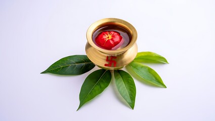 Golden kalash with water and a red flower surrounded by green leaves on a white background view from above