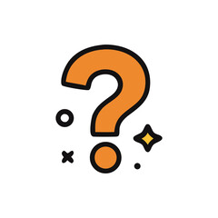 An orange question mark icon surrounded by small graphic elements on a white background.