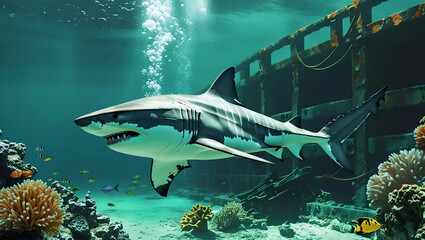 Naklejka premium Great White Shark Swimming Near Sunken Shipwreck Coral Reef Ocean Underwater