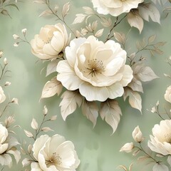 Vintage floral pattern, pastel green background, soft colors, white flowers and beige leaves, watercolor style, seamless wallpaper design Generative AI 