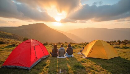 Friends Camping in Tents Watching a Mountain Sunset