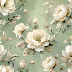 Vintage floral pattern, pastel green background, soft colors, white flowers and beige leaves, watercolor style, seamless wallpaper design Generative AI 