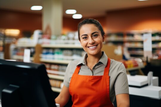 Happy supermarket cashier wearing red apron working at checkout counter