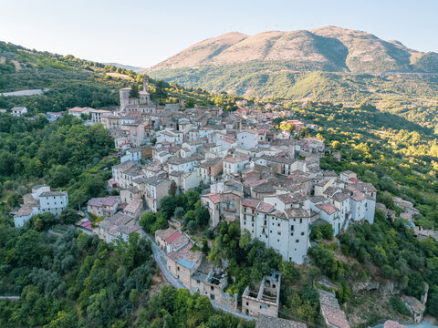 Italy 03 July 2025: aerial view from the drone of the village of Anversa degli Abruzzi in the province of L'Aquila. Here you can breathe peace and quiet immersed in uncontaminated nature