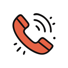 A red telephone receiver with black outline emitting sound waves, isolated on a white background.