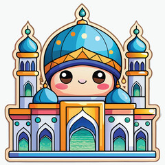 Cute cartoon mosque with a happy face