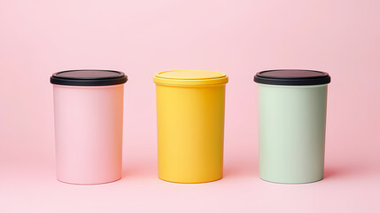 Three pastel-colored ice cream containers with black lids are aligned on a pink background.