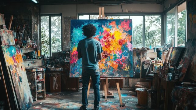 Artist painting in a vibrant studio