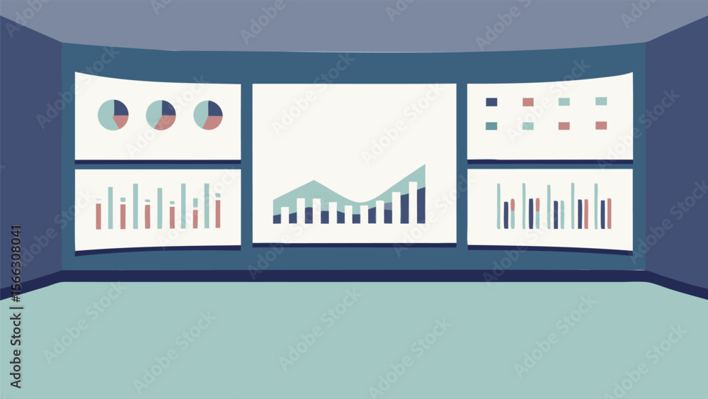 Poster visualization of data displayed on multiple screens in a blue room with a light blue floor