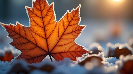 A crisp macro shot of morning frost forming delicate ice crystals on a fallen autumn leaf, captured in soft natural lighting -