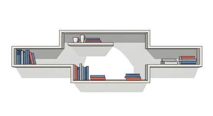 Minimalist Bookshelf Illustration with Books and Mugs