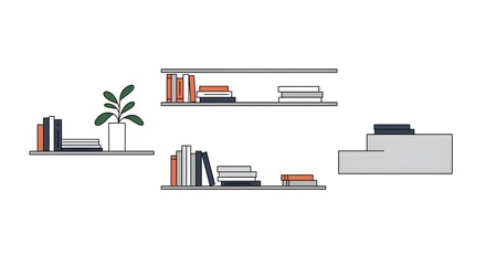 Minimalist Shelves with Books and Plant Illustration