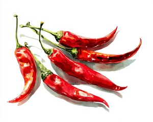 Water color. Vibrant red chili peppers ready for cooking. White background