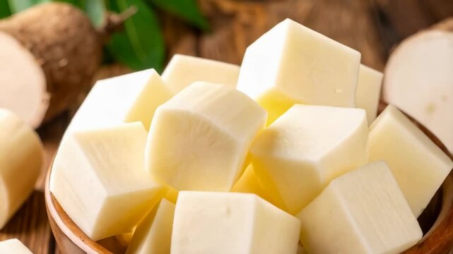 Close up of fresh cassava root diced in a wood bowl on wooden surface, showing raw ingredient, preparation for cooking recipe.